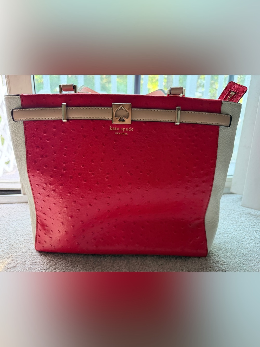 Kate Spade Red/Coral Tote with Cream Trim and Gold Accent